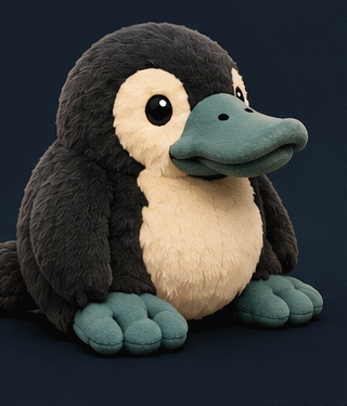 Pyy plushie, three-quarter view